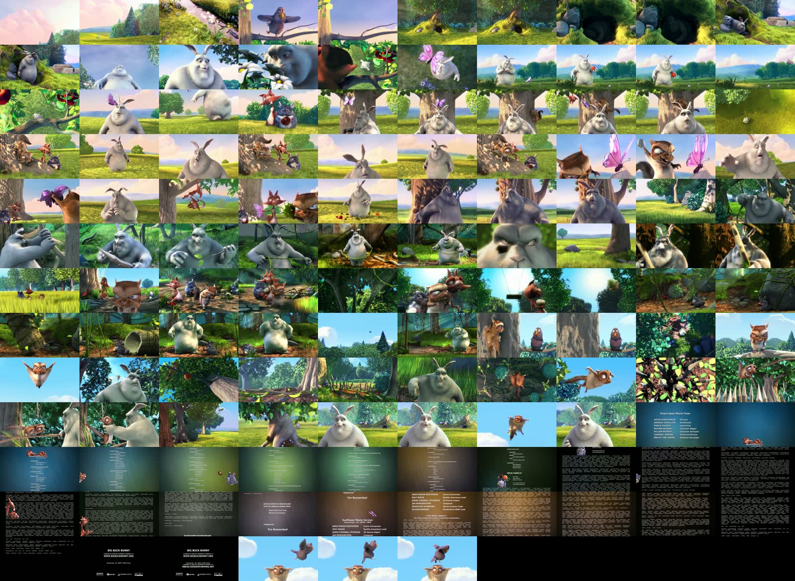 Sprite sheet with 126 preview frames of Big Buck Bunny in a 10-column grid